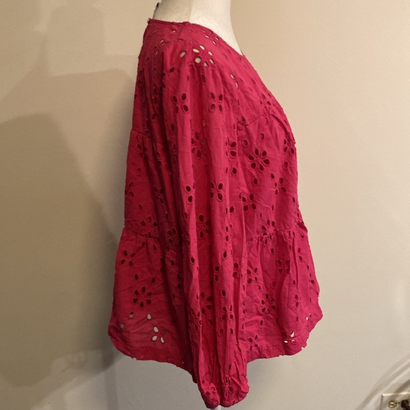 J CREW factory tiered popover eyelet fuchsia blouse size XL - Picture 5 of 10